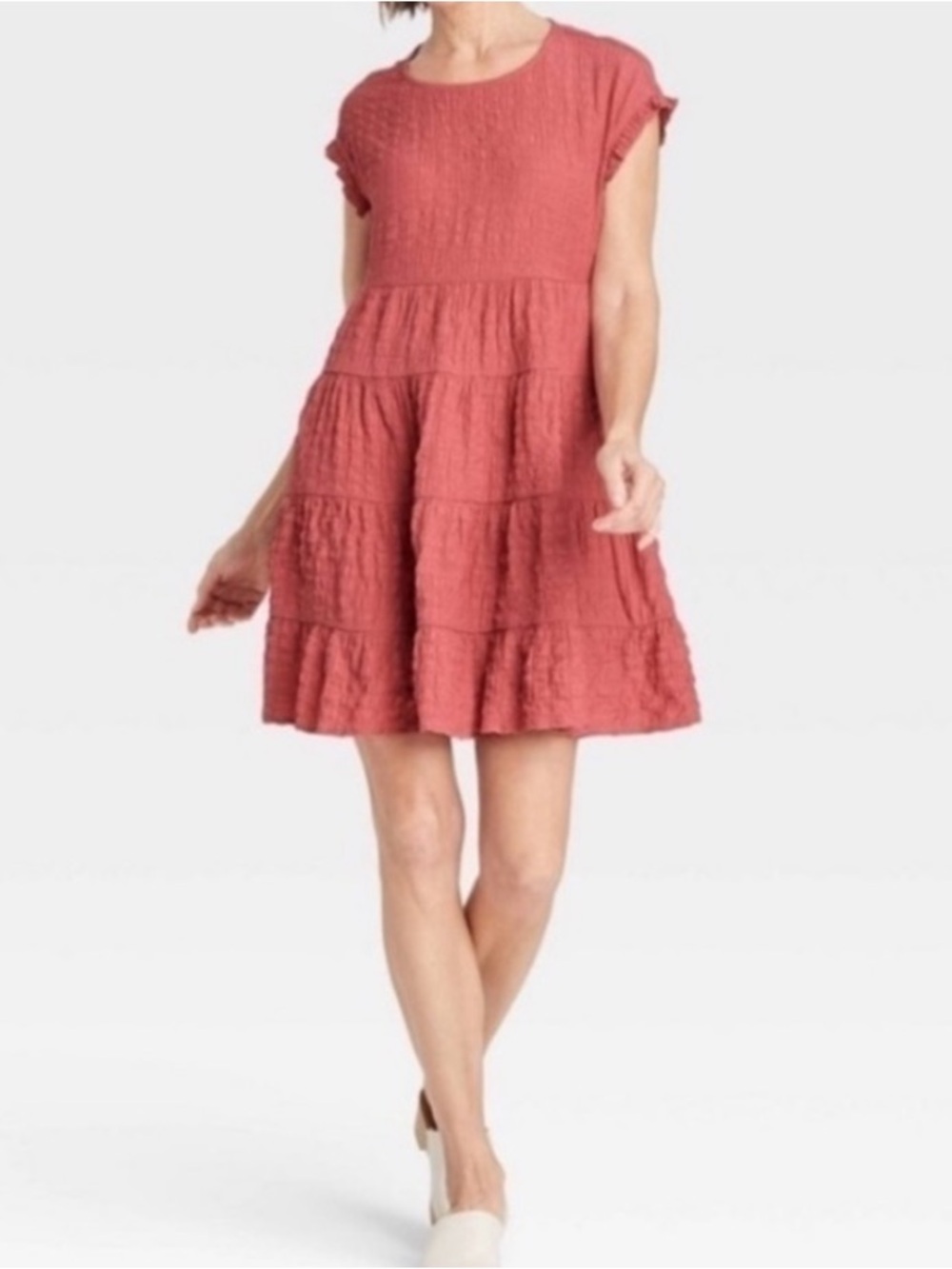 Knox Rose Womens Coral Pink Tiered Gauze Mini Dress Ruffle Cap Sleeve M NWT